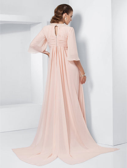 A-Line Special Occasion Dresses Elegant Dress Wedding Guest Formal Evening Sweep / Brush Train Half Sleeve Jewel Neck Chiffon with Beading Draping