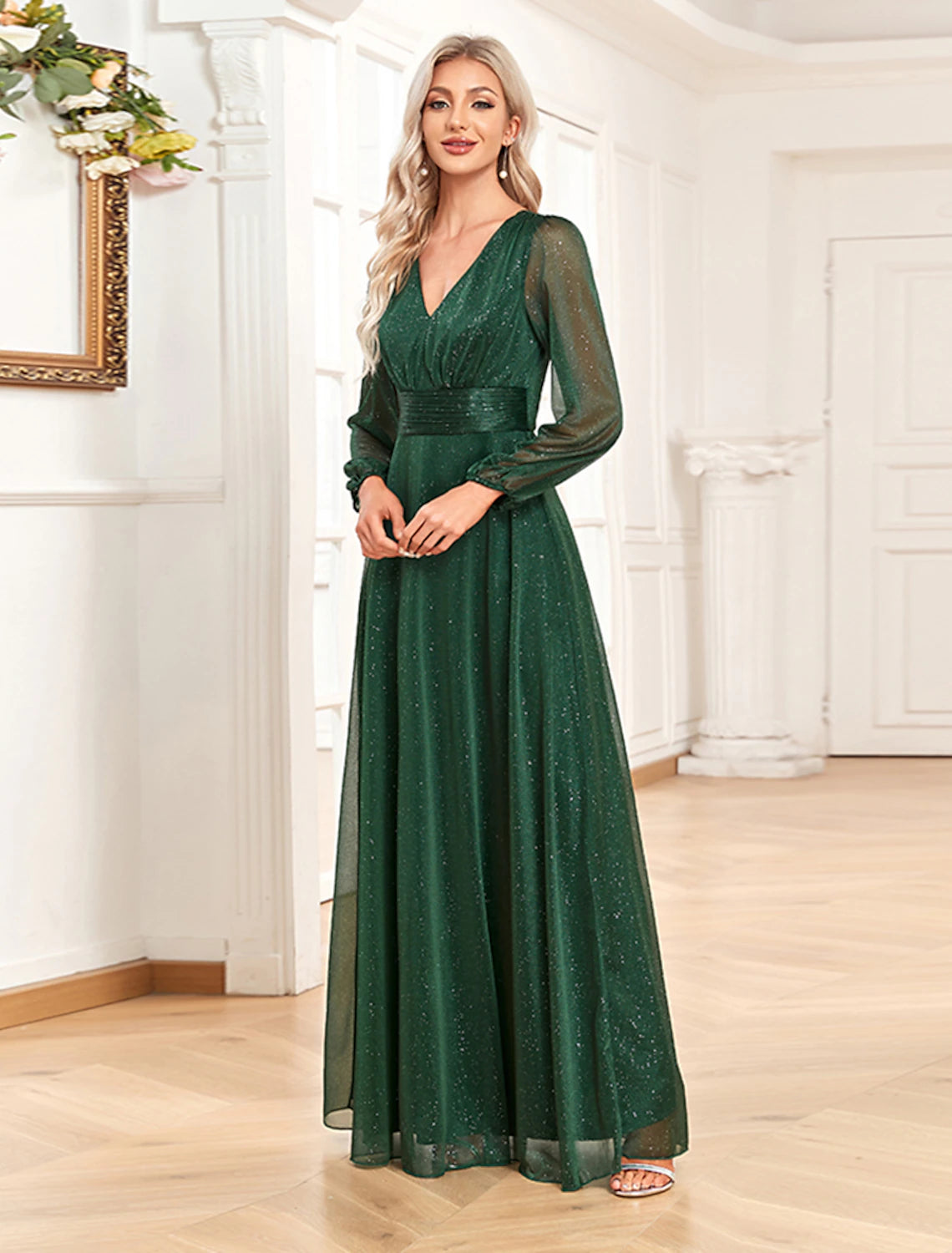 A-Line Evening Gown Sparkle & Shine Dress Formal Wedding Party Floor Length Long Sleeve V Neck Chiffon with Sequin