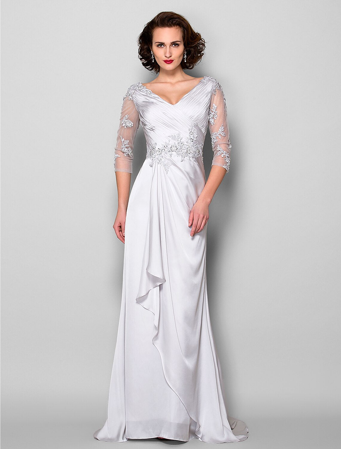 A-Line Mother of the Bride Dress V Neck Sweep / Brush Train Satin Chiffon 3/4 Length Sleeve with Criss Cross Beading Appliques