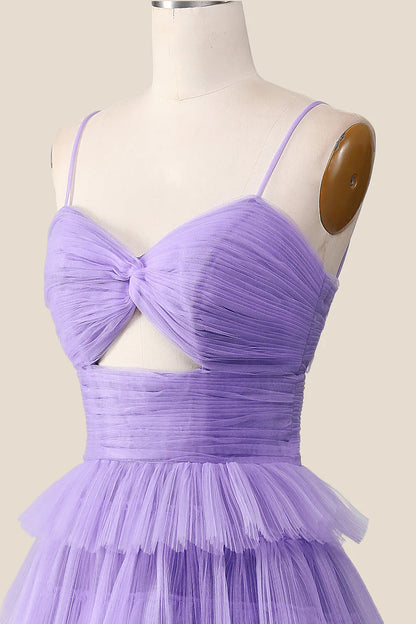 Knotted Purple Tulle Tiered Long Prom Dress