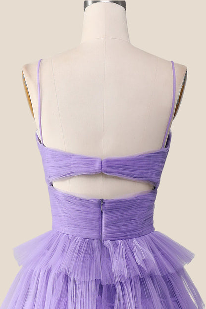 Knotted Purple Tulle Tiered Long Prom Dress