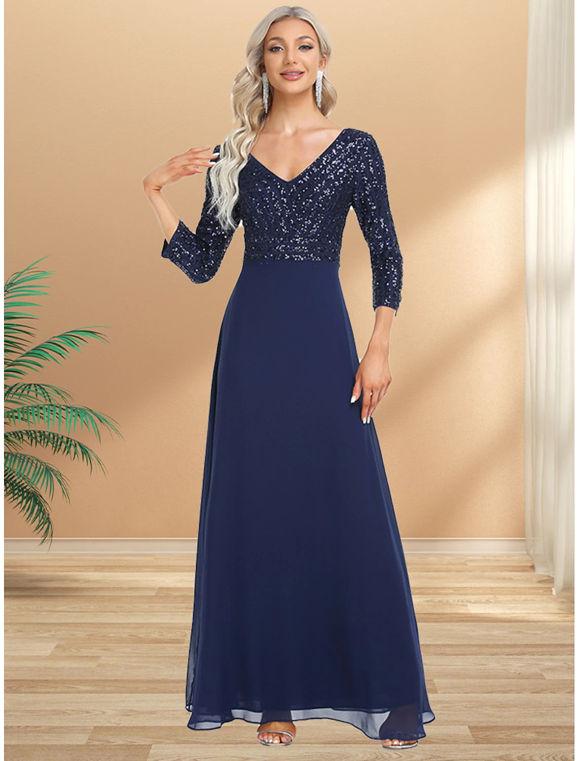 A-Line Evening Gown Plus Size Dress Wedding Guest Floor Length 3/4 Length Sleeve V Neck Chiffon V Back with Sequin