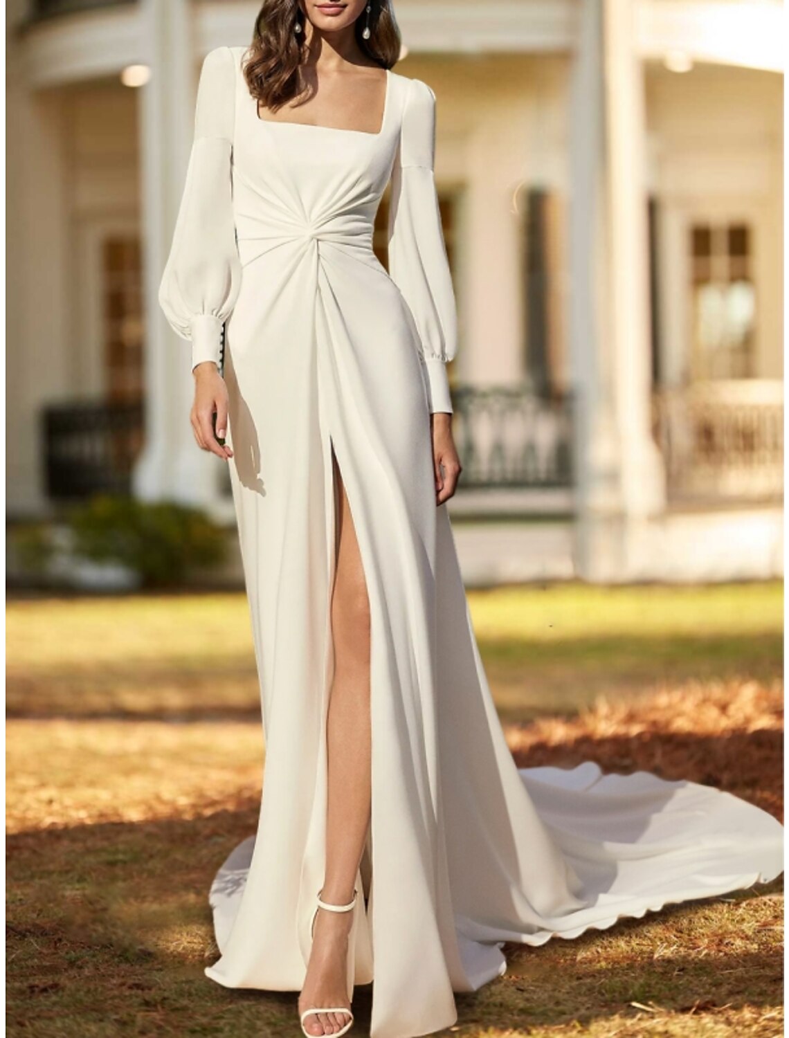 Hall Casual Wedding Dresses Sheath / Column Square Neck Long Sleeve Court Train Chiffon Bridal Gowns With Ruched Split Front