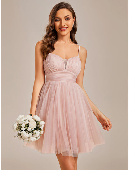 A-Line Homecoming Dresses Princess Dress Cocktail Party Short / Mini Sleeveless Spaghetti Strap Tulle with Ruched