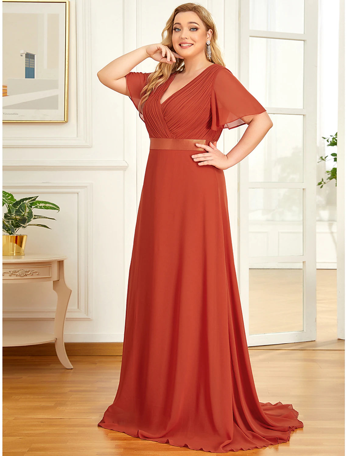 A-Line Empire Fall Wedding Guest Dress For Bridesmaid Plus Size Formal Evening Dress V Neck Short Sleeve Floor Length Chiffon with Pleats Ruched