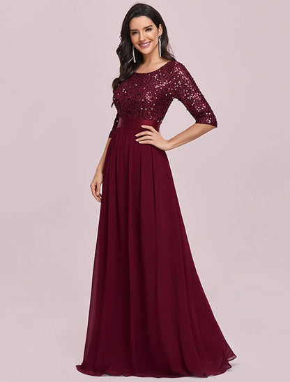 A-Line Mother of the Bride Dress Plus Size Elegant Jewel Neck Floor Length Tulle Sequined 3/4 Length Sleeve with Sequin