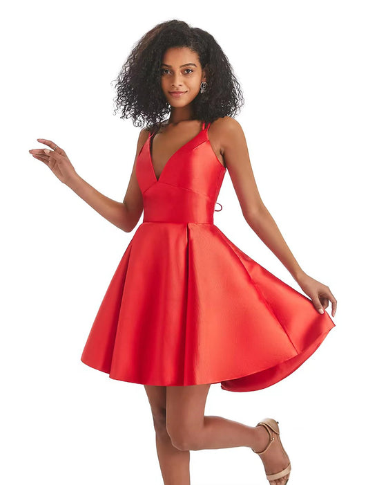 A-Line Homecoming Dresses Backless Dress Holiday Short / Mini Sleeveless V Neck Satin with Pleats