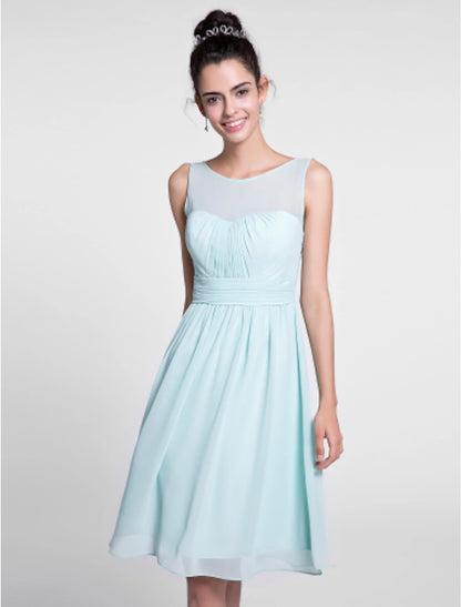 A-Line Bridesmaid Dress Scoop Neck Sleeveless Knee Length Chiffon with Ruched / Draping