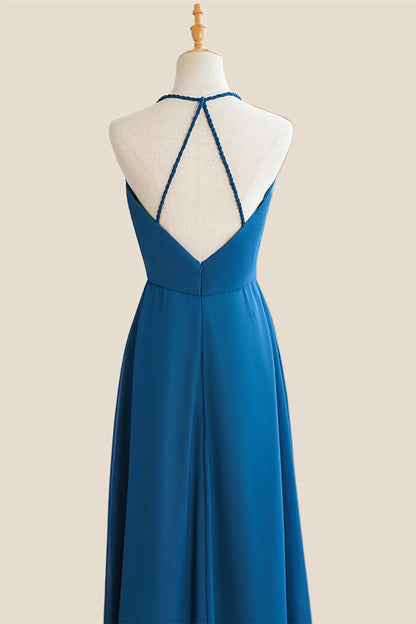 Halter Blue Chiffon A-line Long Bridesmaid Dress