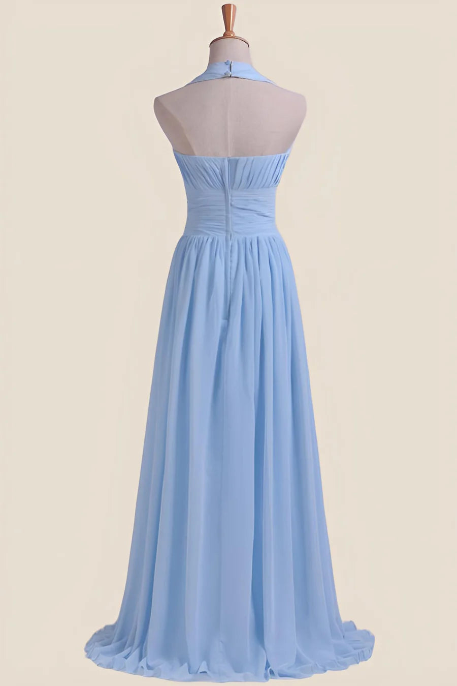 Halter Light Blue Chiffon A-line Long Bridesmaid Dress