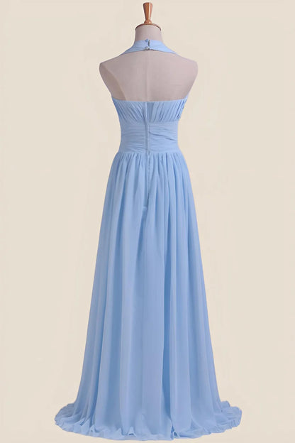 Halter Light Blue Chiffon A-line Long Bridesmaid Dress