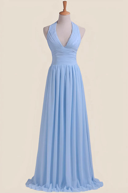 Halter Light Blue Chiffon A-line Long Bridesmaid Dress