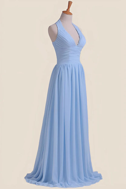 Halter Light Blue Chiffon A-line Long Bridesmaid Dress