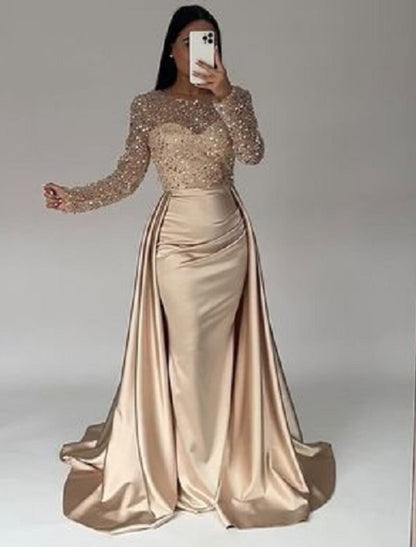 Mermaid / Trumpet Evening Gown Sparkle & Shine Dress Carnival Masquerade Floor Length Long Sleeve Illusion Neck Fall Wedding Reception Satin with Pearls Overskirt