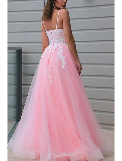 A-Line Prom Dresses Princess Dress Formal Floor Length Sleeveless V Neck Tulle with Pleats Appliques