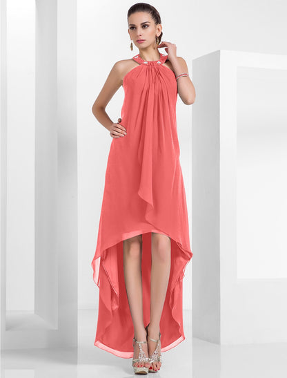 A-Line Elegant Dress Wedding Guest Cocktail Party Asymmetrical Sleeveless Halter Neck Chiffon Backless with Pleats Beading