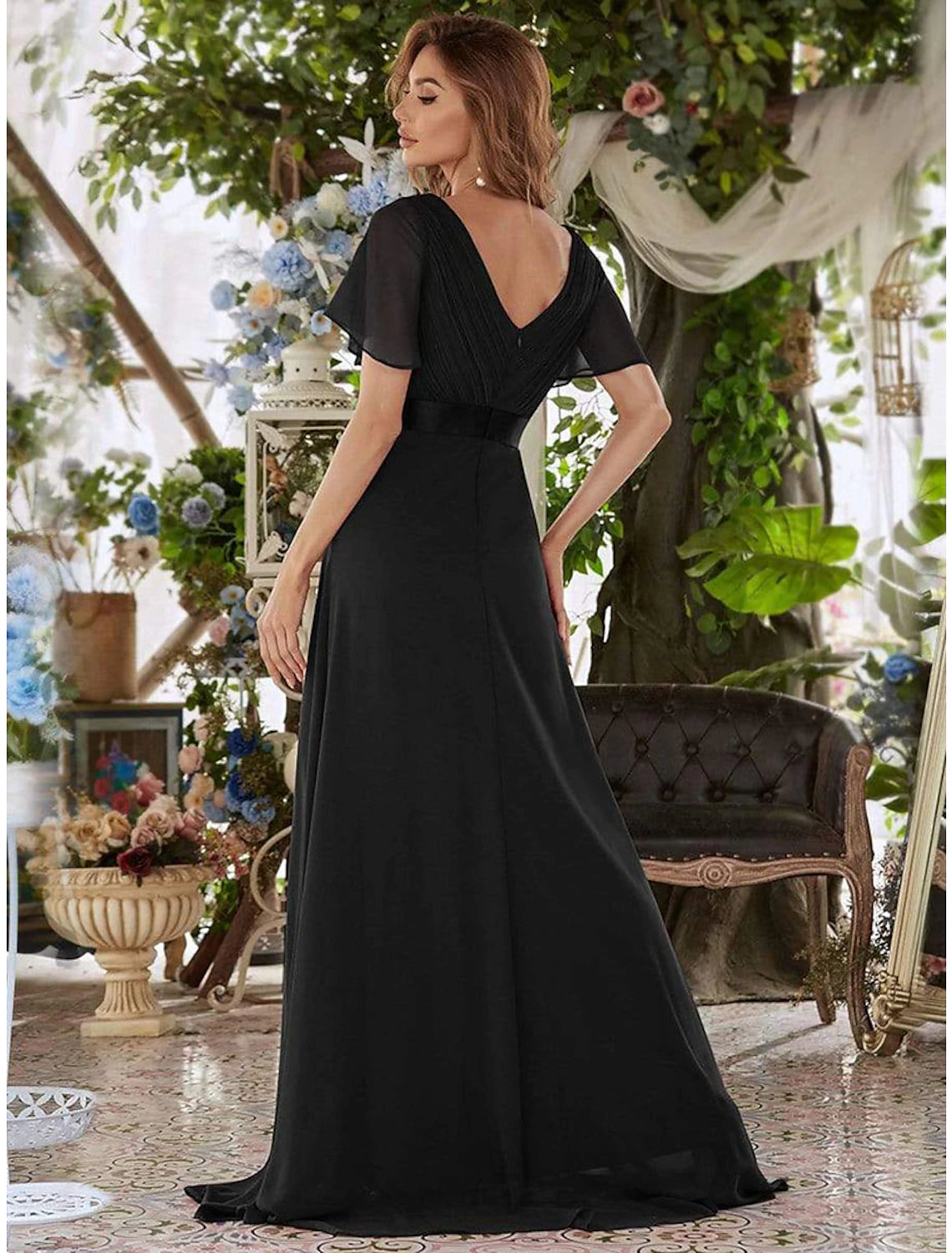 A-Line Evening Gown Empire Dress Wedding Guest Floor Length Short Sleeve V Neck Chiffon V Back with Ruffles Pure Color