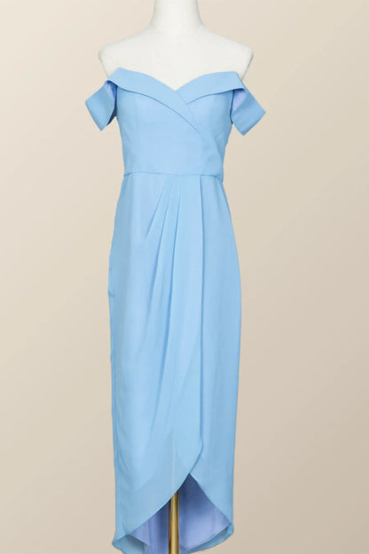 Off the Shoulder Blue Draped Midi Bridesmaid Dress