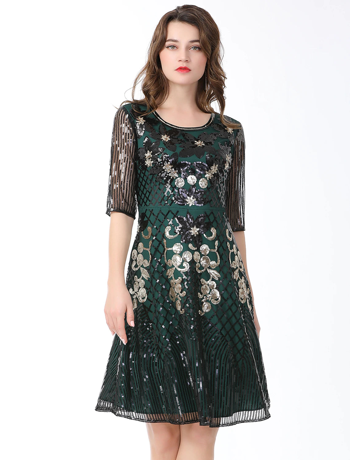 A-Line Cocktail Dresses Vintage Dress Holiday Knee Length Half Sleeve Jewel Neck Cotton Blend with Sequin Splicing