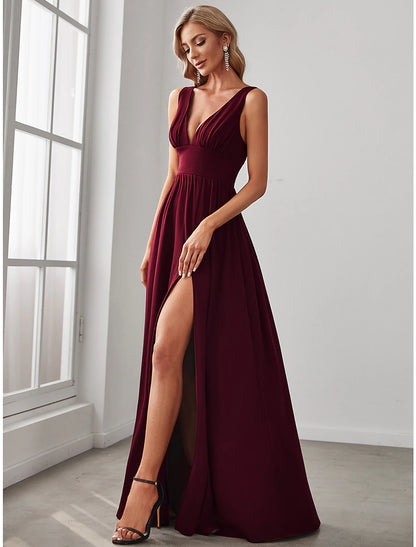 A-Line Prom Dresses High Split Dress Wedding Guest Formal Evening Floor Length Sleeveless V Neck Bridesmaid Dress Chiffon V Back with Slit Pure Color