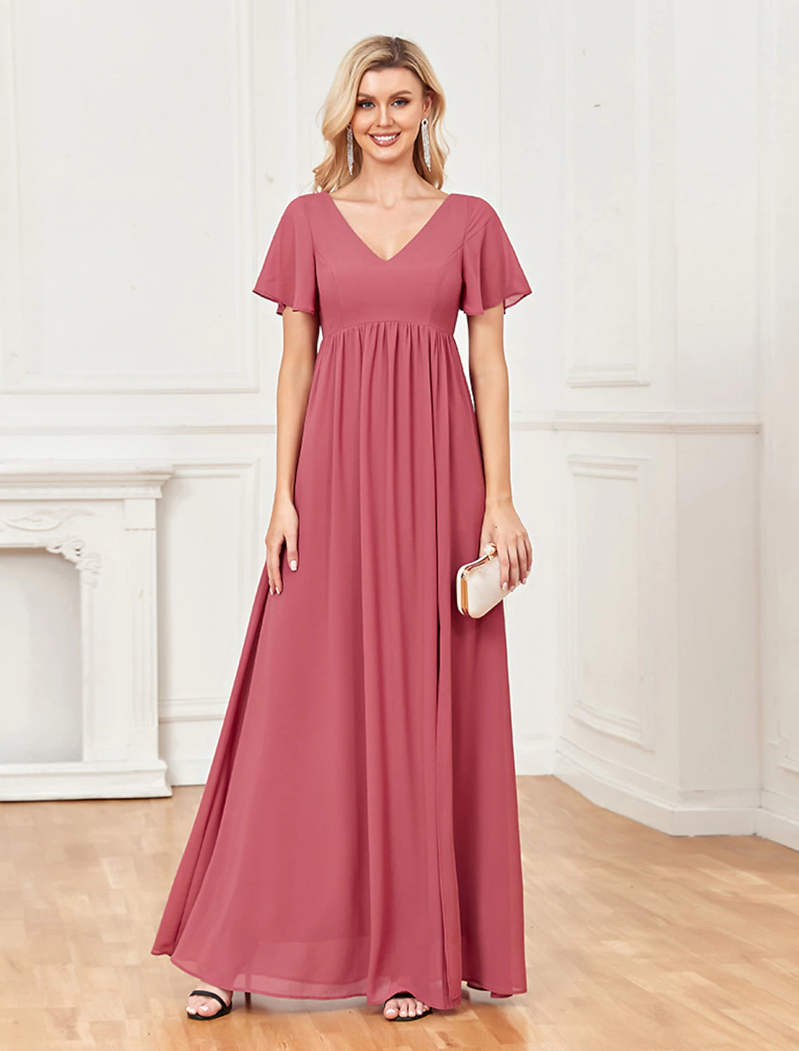 A-Line Evening Gown Empire Dress Party Wear Wedding Party Floor Length Short Sleeve V Neck Chiffon V Back with Slit