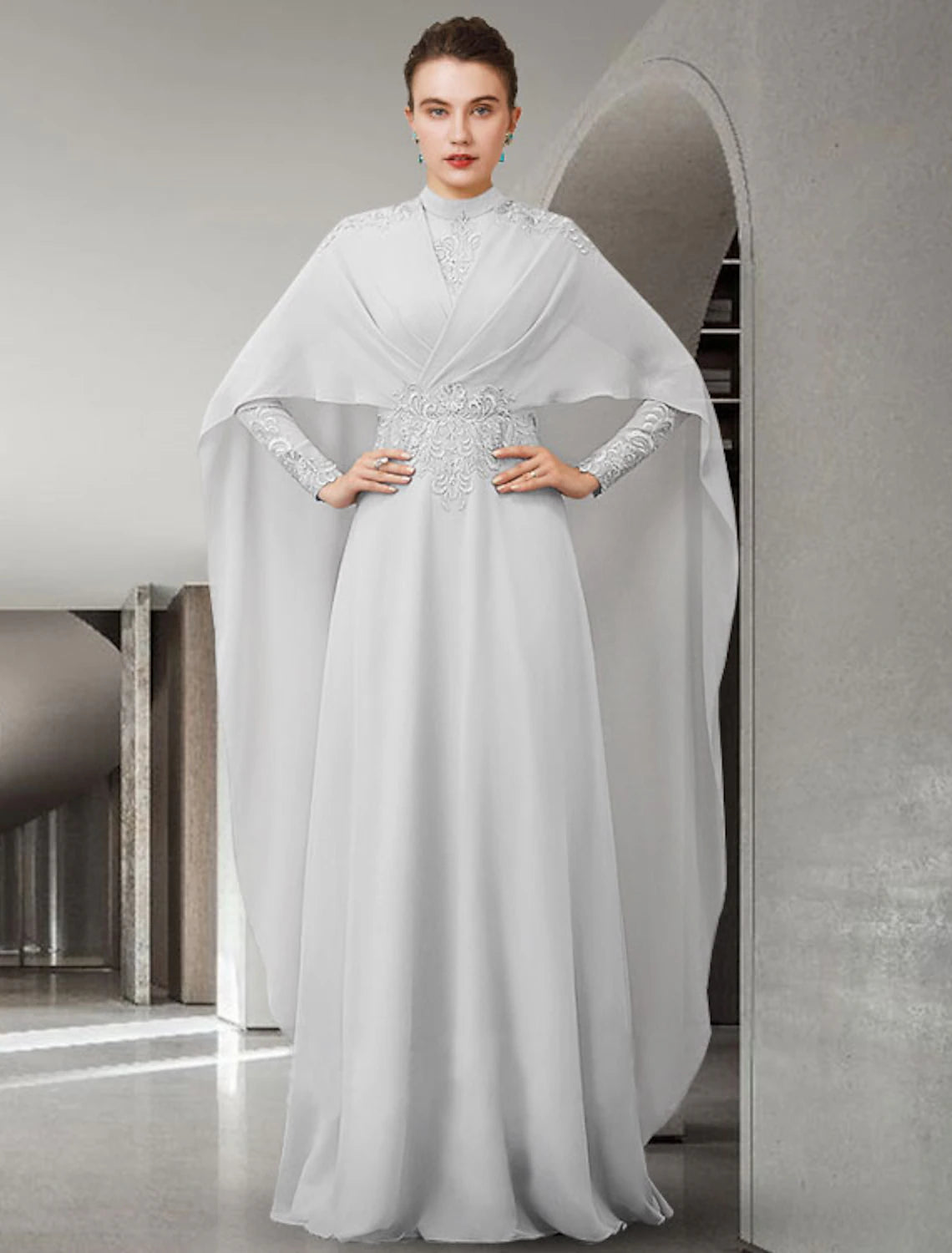 A-Line Mother of the Bride Dress Elegant High Neck Sweep / Brush Train Chiffon Lace Long Sleeve with Pleats Appliques