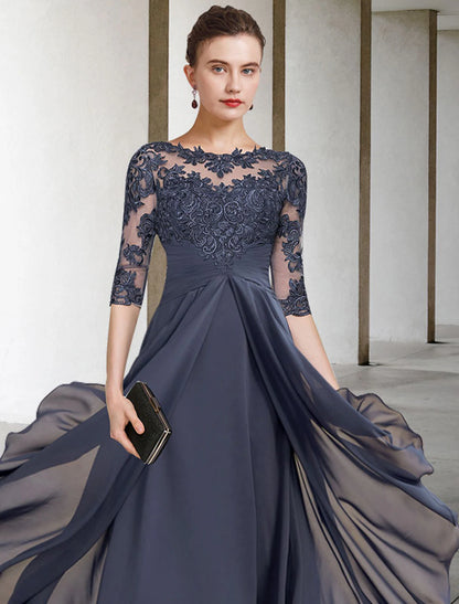 A-Line Mother of the Bride Dress Fall Wedding Guest Plus Size Elegant High Low Jewel Neck Asymmetrical Tea Length Chiffon Lace Half Sleeve with Ruched Appliques 2023