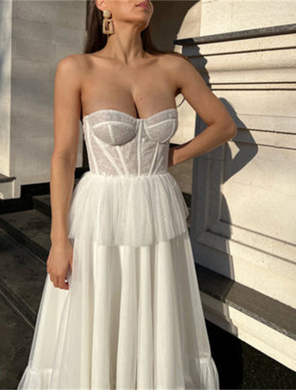 Bachelorette Party Tiered Plisse Little White Dresses Wedding Dresses A-Line Sweetheart Strapless Tea Length Satin Bridal Gowns With Appliques Solid Color