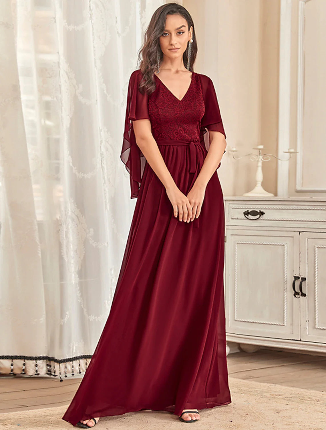 A-Line Mother of the Bride Dress Plus Size Elegant V Neck Floor Length Chiffon Tulle Half Sleeve with Sash / Ribbon