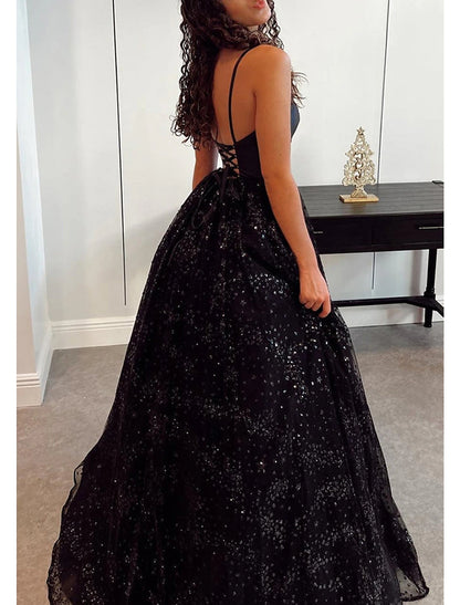 A-Line Prom Dresses Sparkle & Shine Dress Formal Prom Floor Length Sleeveless V Neck Sequined Backless with Glitter Pleats Sequin