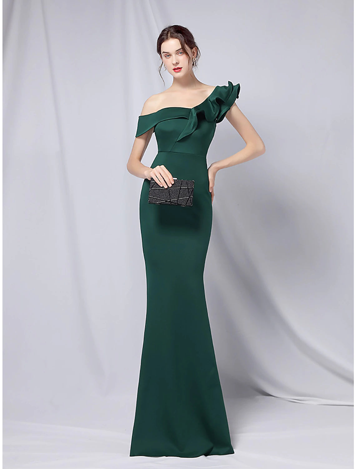 Mermaid / Trumpet Evening Gown Empire Dress Wedding Guest Floor Length Short Sleeve One Shoulder Stretch Satin with Ruffles