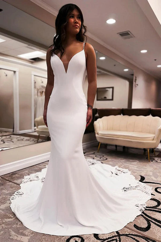 Mermaid V Neck Satin Wedding Dress with Appliques