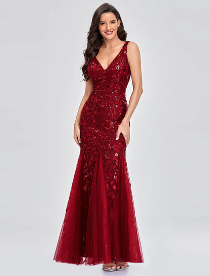 Mermaid / Trumpet Empire Elegant Party Wear Formal Evening Valentine's Day Dress V Neck V Back Sleeveless Floor Length Tulle with Embroidery