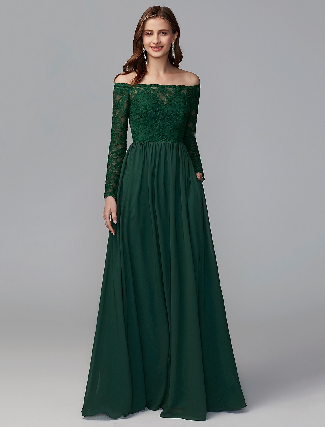 A-Line Bridesmaid Dress Off Shoulder Long Sleeve Elegant Floor Length Chce wiiffon / Lath Lace