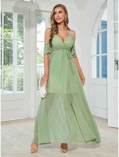 A-Line Wedding Guest Dresses Elegant Dress Party Wear Wedding Party Ankle Length Sleeveless V Neck Chiffon with Ruffles Slit Strappy