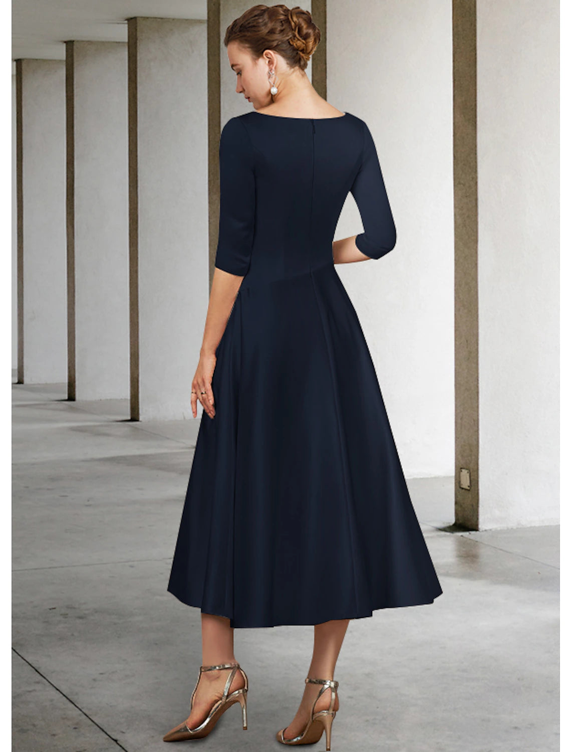 A-Line Mother of the Bride Dress Elegant V Neck Tea Length Satin Half Sleeve with Pleats Ruching