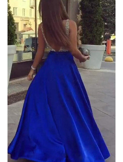 A-Line Prom Dresses Sparkle & Shine Dress Formal Floor Length Sleeveless V Neck Pocket Stretch Satin Backless V Back with Beading Pocket