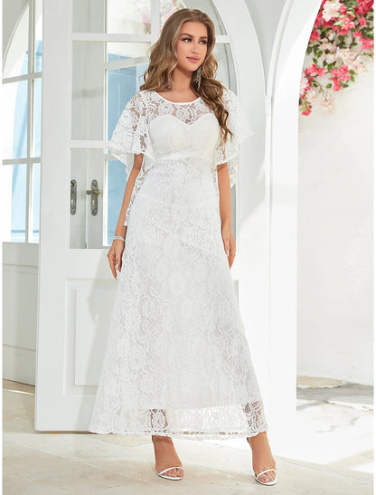 A-Line Wedding Guest Dresses Elegant Dress Party Wear Ankle Length Half Sleeve Jewel Neck Lace with Ruffles Appliques