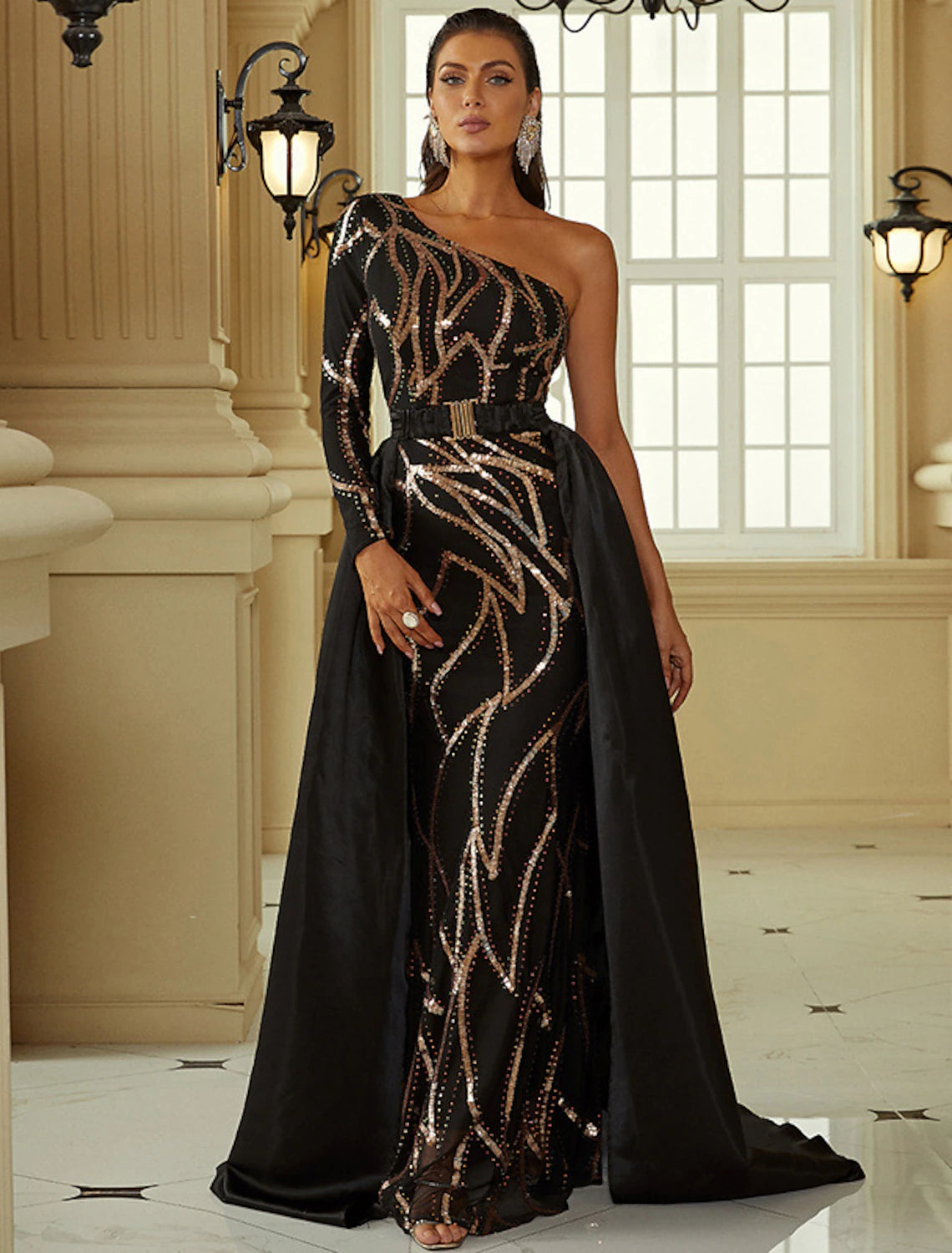 Mermaid / Trumpet Evening Gown Sexy Dress Formal Court Train Long Sleeve One Shoulder Polyester with Sequin