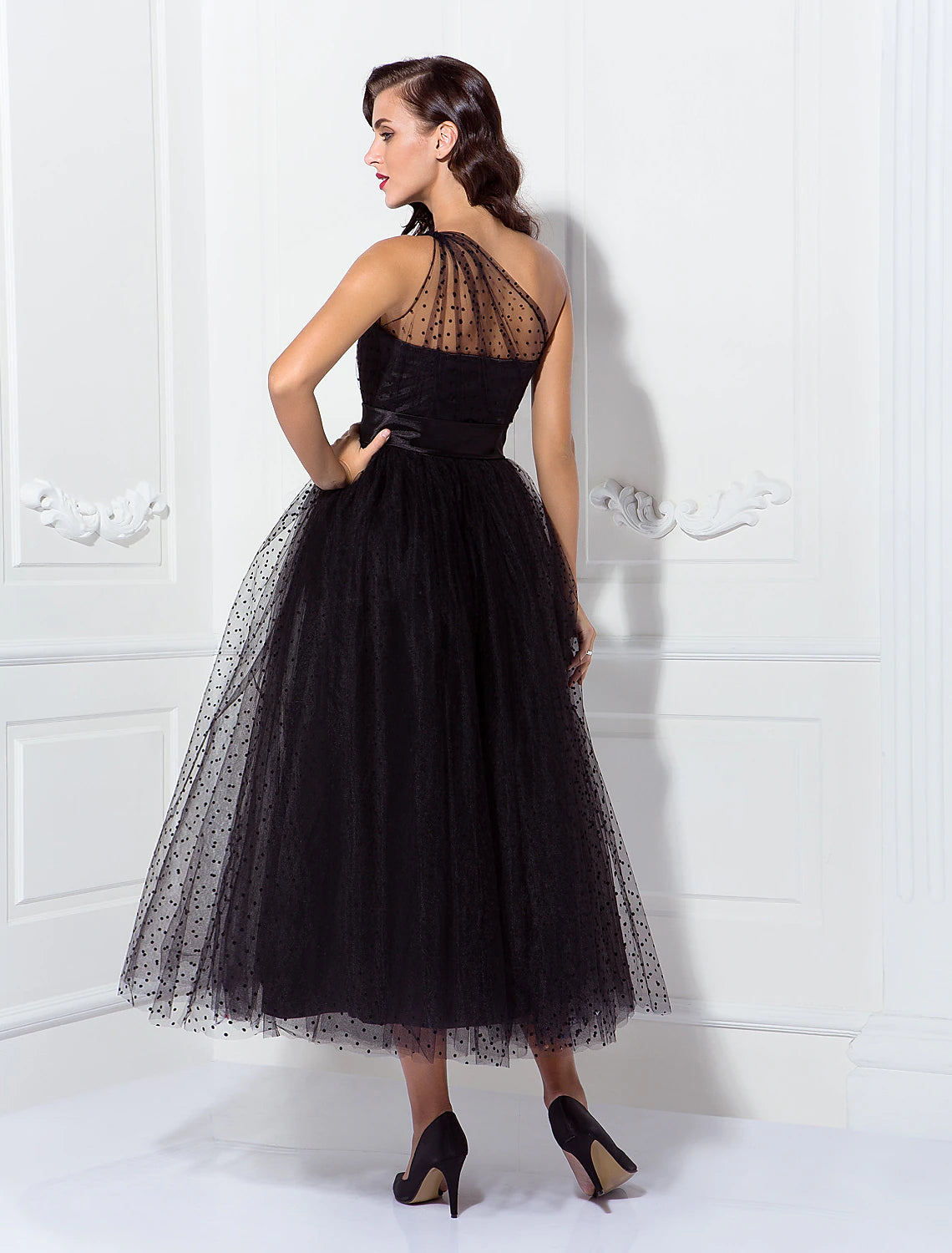 A-Line Cocktail Dresses 1950s Dress Wedding Guest Ankle Length Sleeveless One Shoulder Wednesday Addams Family Tulle with Pleats Pattern / Print