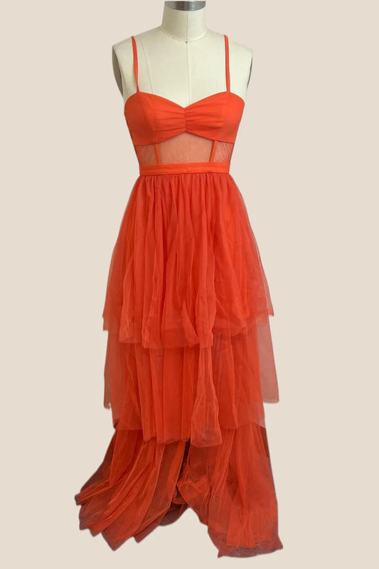 Spaghetti Straps Orange Sheer Corset Tiered Prom Dress