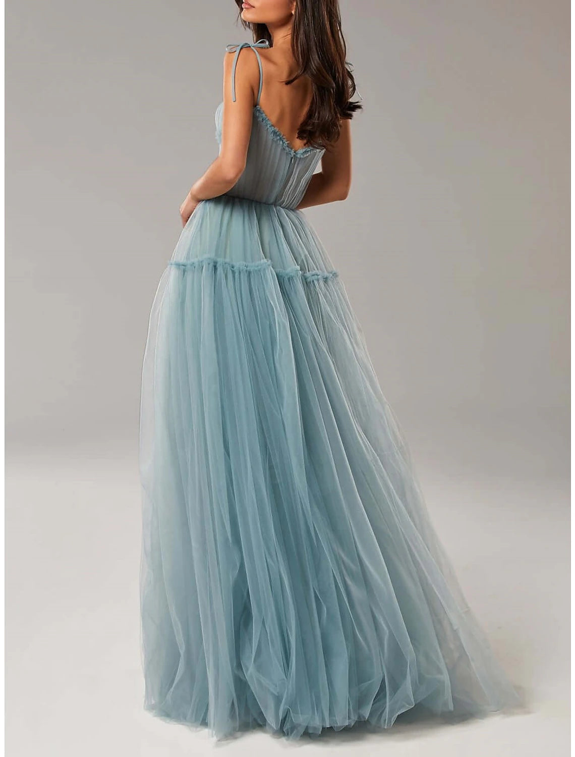 A-Line Prom Dresses Elegant Dress Wedding Guest Prom Floor Length Sleeveless Spaghetti Strap Tulle with Pleats Ruffles