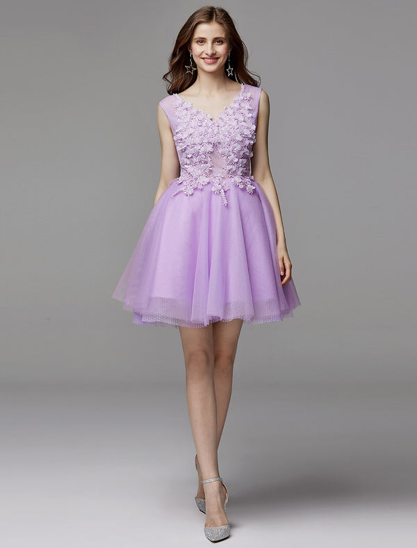 A-Line Party Dress Homecoming Short / Mini Sleeveless V Neck Lace Over Tulle with Crystals Appliques main image 0