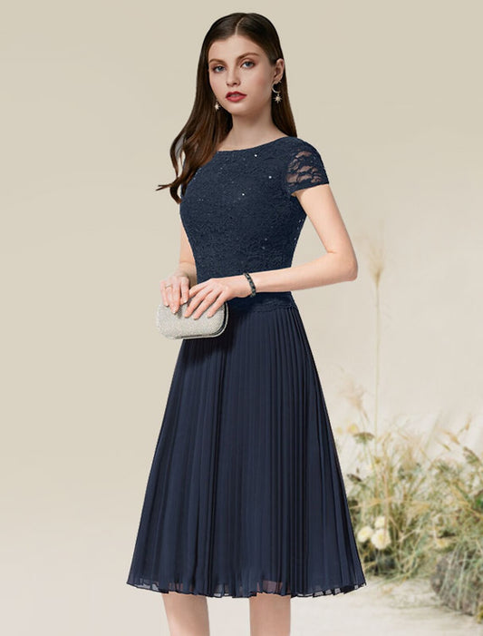 A-Line Cocktail Dresses Flirty Dress Homecoming Tea Length Short Sleeve Jewel Neck Chiffon with Pleats