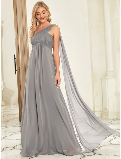 A-Line Evening Gown Empire Dress Formal Evening Floor Length Sleeveless One Shoulder Bridesmaid Dress Chiffon Backless with Pleats Draping