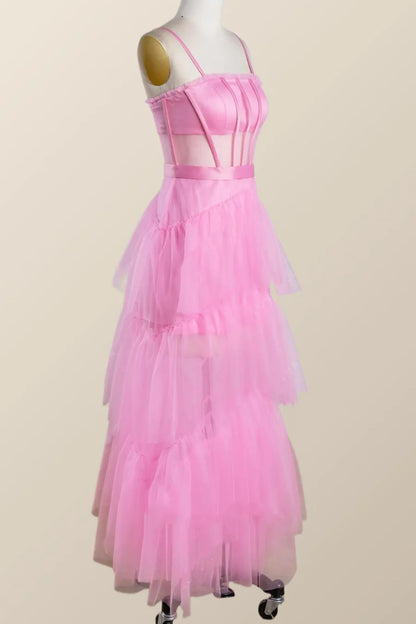 Pink Tulle Tiered Ruffle Prom Dress