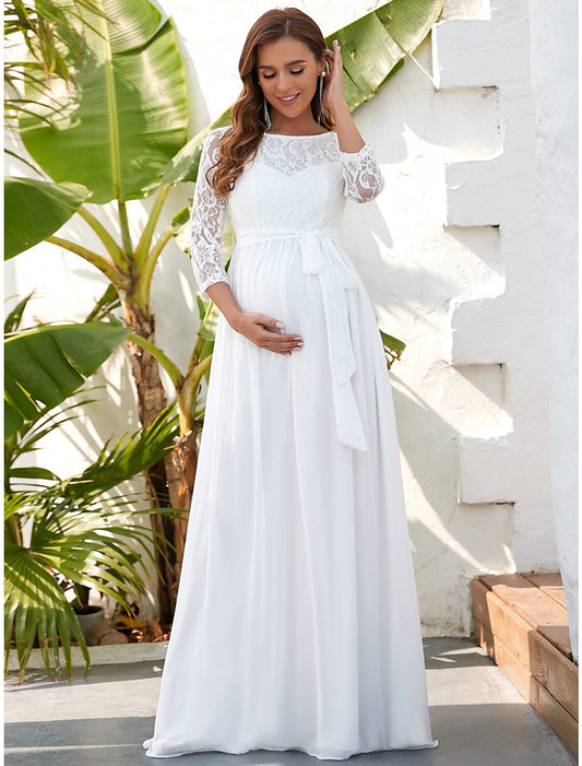 A-Line Evening Gown Maternity Dress Formal Evening Floor Length Half Sleeve Jewel Neck Chiffon with Lace Insert Pure Color