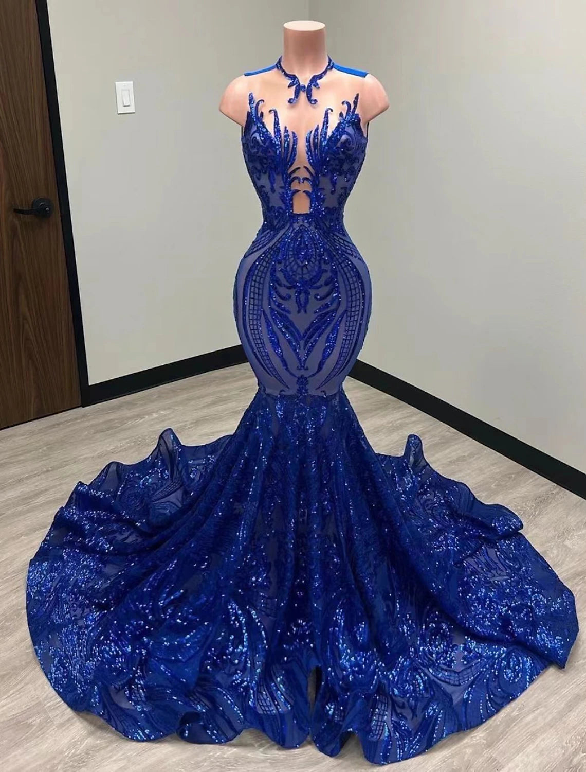 Mermaid / Trumpet Evening Gown Elegant Dress Formal Court Train Sleeveless Illusion Neck African American Sequined with Sequin