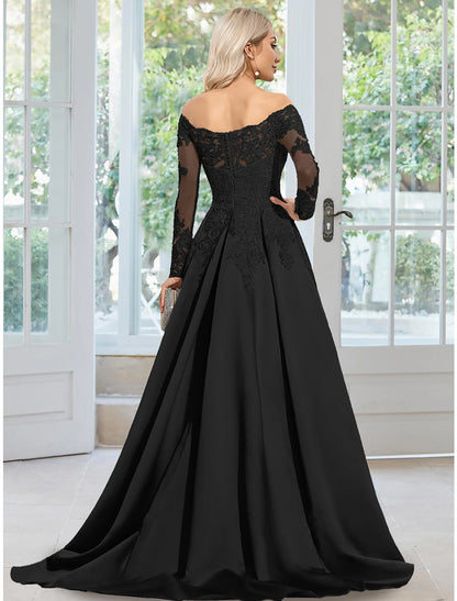 A-Line Evening Gown Floral Dress Formal Wedding Guest Court Train Long Sleeve Off Shoulder Satin with Appliques