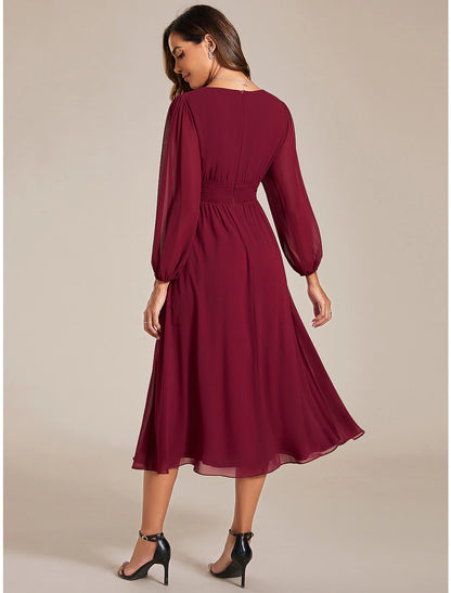 A-Line Wedding Guest Dresses Elegant Dress Wedding Tea Length Long Sleeve V Neck Chiffon with Ruched